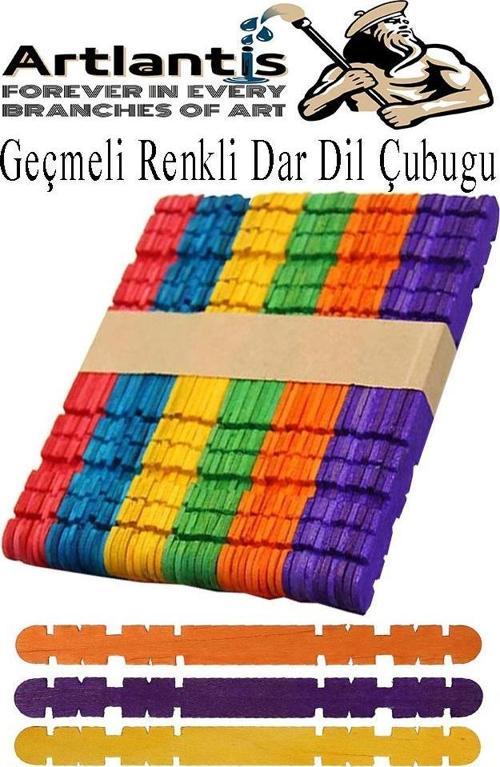 Renkli Geçmeli Dil Çubuğu Dar 50 li 1 Paket Çentikli Tırtıklı Geçirmeli Eklemeli Renkli  Dondurma Çubuğu Kesik Uçlu Ahşa