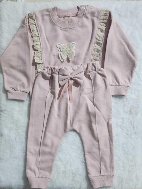 Kız Şerit Dantelli Kelebek Desen Sweatshirt Ve Fiyonk Figürlü Alt Eşofman Takım