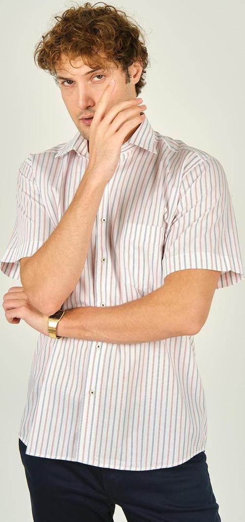 Erkek Çizgili Tek Cep Detaylı Kısa Kollu %100 Pamuk Gömlek 2001 Kırmızı