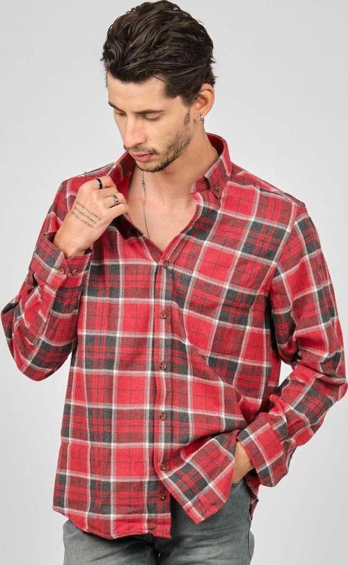 Erkek Çizgili Uzun Kollu Yün Apre Gömlek 0171109 Kırmızı