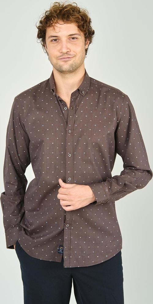 Erkek Slim Fit Desenli Uzun Kollu %100 Pamuk Gömlek 2045 Kahverengi