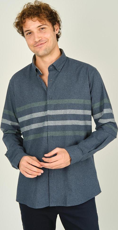 Erkek Slim Fit İnce Blok Desenli Pamuklu Uzun Kol Gömlek 1100 İndigo Yeşil