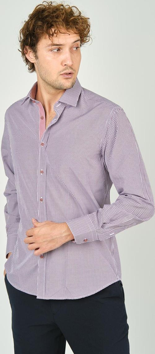Erkek Slim Fit Ekoseli Uzun Kollu %100 Pamuk Gömlek 2060 Bordo