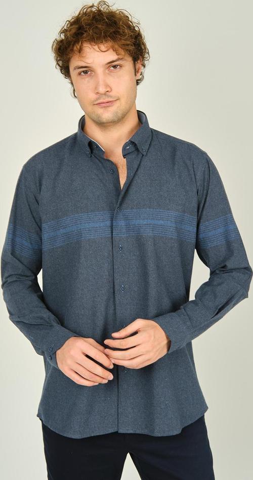 Erkek Slim Fit Blok Desenli Pamuklu Uzun Kol Gömlek 1200 İndigo Mavi