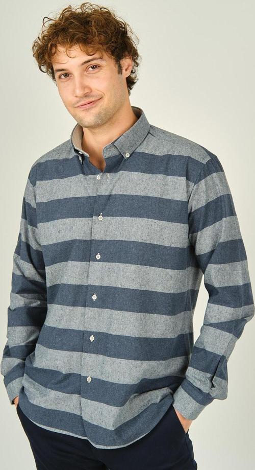 Erkek Slim Fit Blok Desenli Pamuklu Uzun Kol Gömlek 1300 İndigo Gri