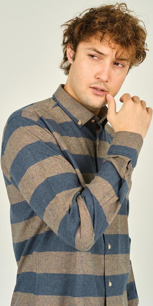 Erkek Slim Fit Blok Desenli Pamuklu Uzun Kol Gömlek 1300 İndigo Kahve