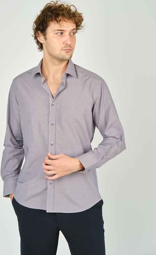 Erkek Slim Fit Ekoseli Uzun Kollu %100 Pamuk Gömlek 2062 Kahverengi