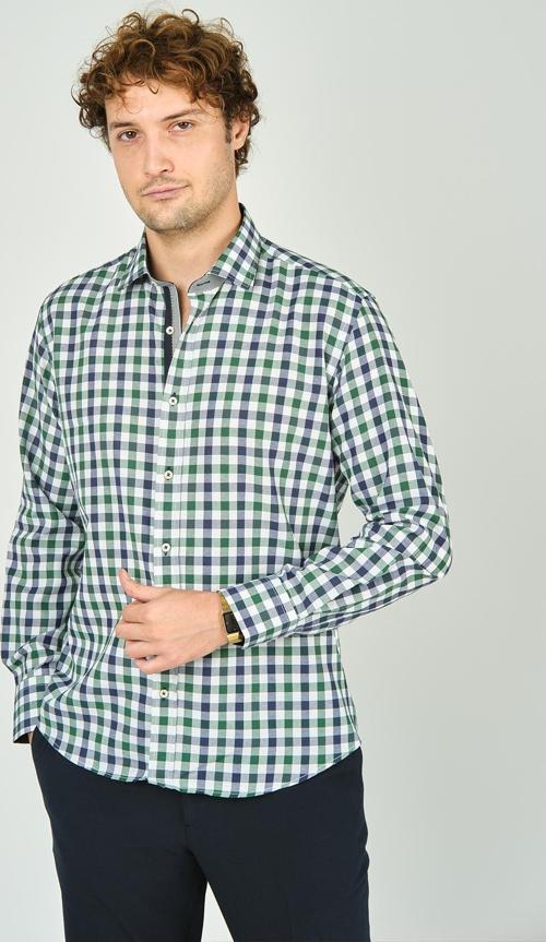 Erkek Slim Fit Kareli Uzun Kollu %100 Pamuk Gömlek 2240 Yeşil