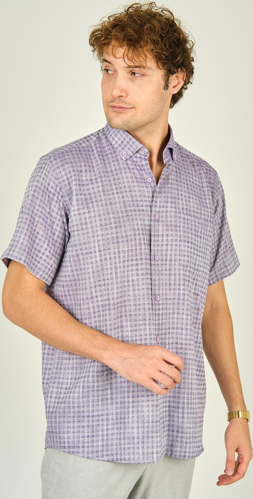 Erkek Desenli Tek Cepli Kısa Kollu %100 Pamuk Gömlek 3024 Mor
