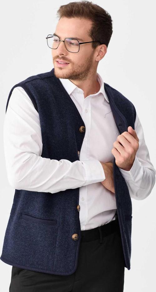 Erkek V Yaka Keçe Aksesuarlı Pike Dokuma Yün Yelek 02422569 Lacivert