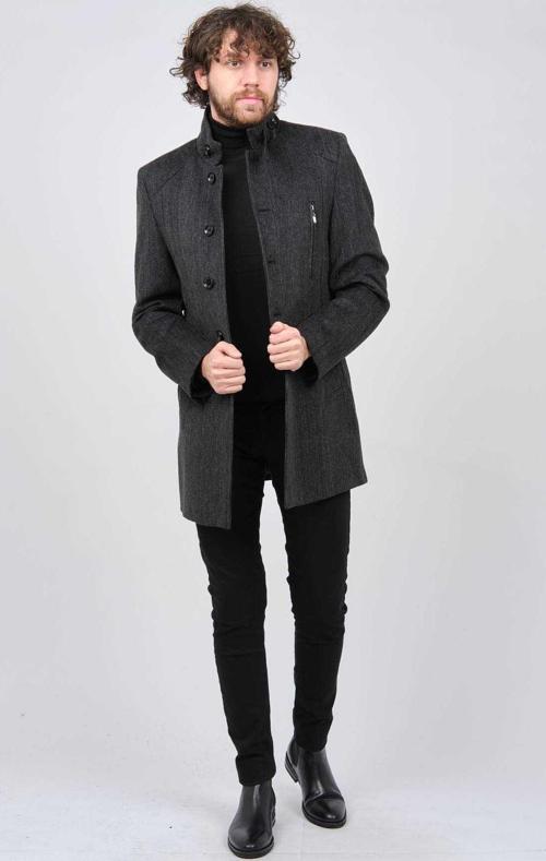 Erkek Dik Yaka Cep Detaylı Spor Yün Kaban 2652664 Füme