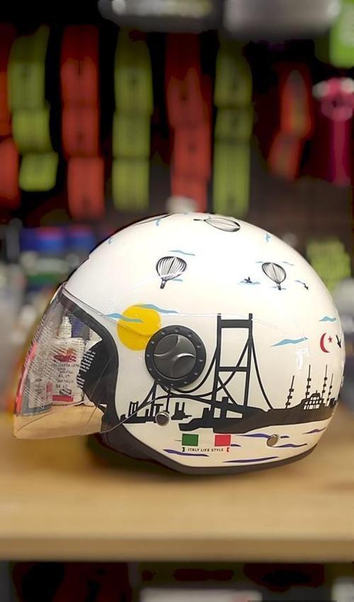 701 Açık Yarı Camlı Elektrikli Bisiklet Motosiklet Scooter Kaskı 2XL İstanbul Desenli