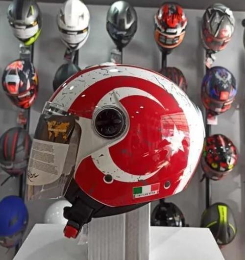 715 Şeffaf Vizörlü Yarım Motosiklet Scooter Kaskı 2XL Beden Türk Bayraklı