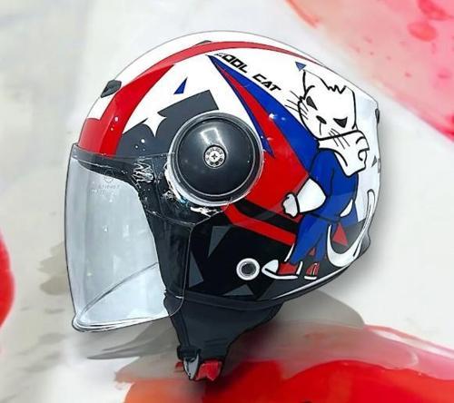 814 Cool Cat Yarı Camlı Şeffaf Vizörlü Çocuk Bisiklet Motosiklet Scooter Kaskı S Beden White
