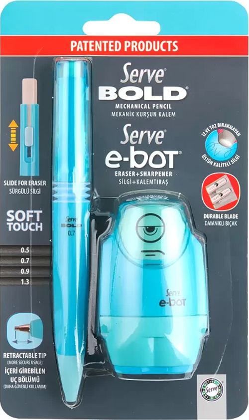 BOLD VERSATİL KALEM+SİLGİ+KALEMTRAŞ SETİ 07 FOSFORLU MAVİ (SV-BE)