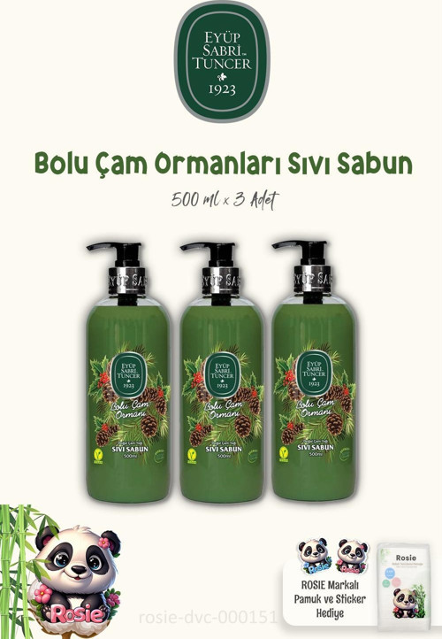 3 Adet Eyüp Sabri Tuncer Bolu Çam Ormanları Sıvı Sabun 500 ml ve ROSIE Pamuk