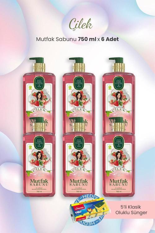 6'lı Çilek Mutfak Sabunu 750 ml ve Oluklu Sünger