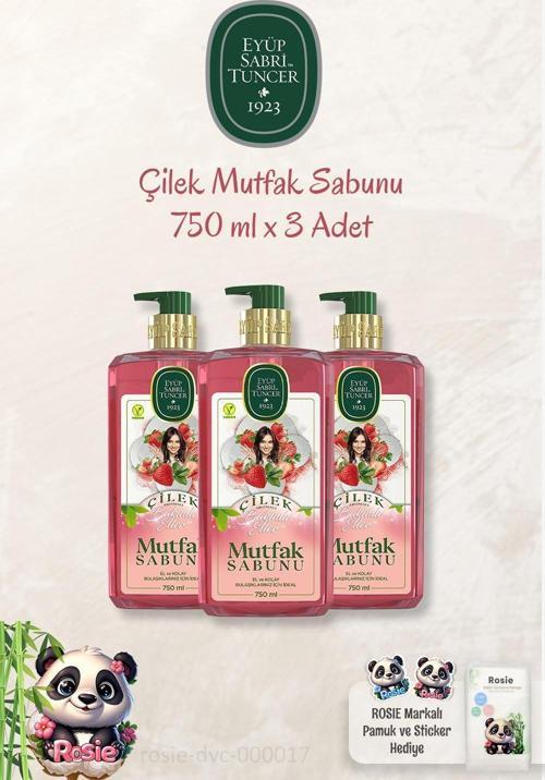 3 Adet  Çilek Mutfak Sabunu 750 ml ve Doğal Pamuk ROSIE