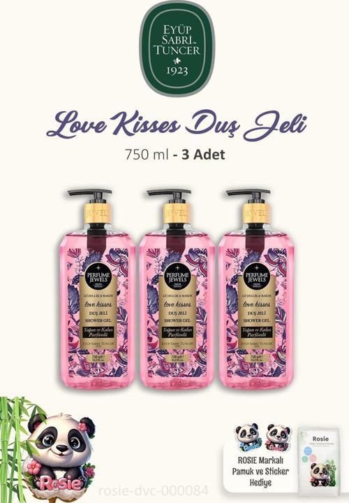 3 Adet  Love Kisses Duş Jeli 750 ml ve %100 Doğal Pamuk ROSIE
