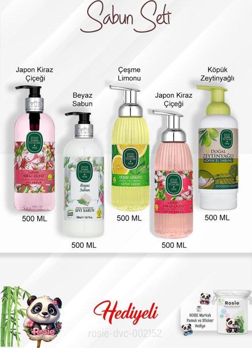 500 ML Sabun Paket  Japon Kiraz Çiçeği Köpük ve Sıvı, Zeytinyağlı, Beyaz Sabun, Çeşme Limonu ve Rosie
