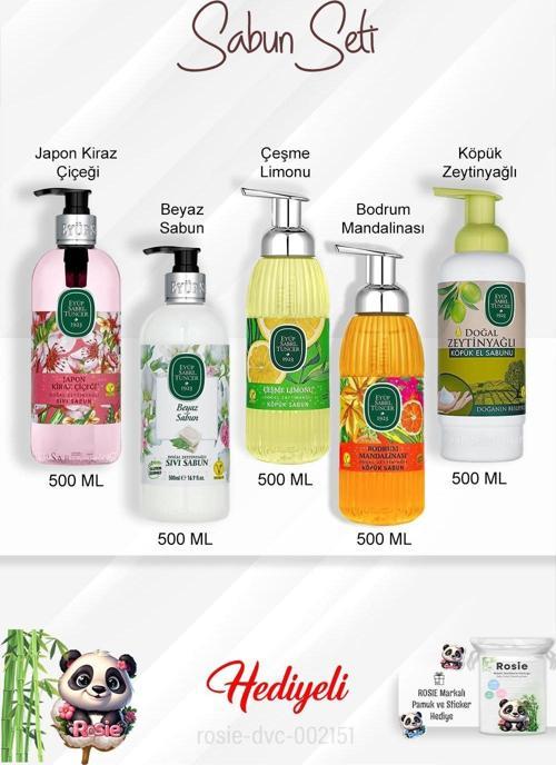500 ML Sabun Paket  Japon Kiraz Çiçeği, Bodrum Mandalinası, Zeytinyağlı, Beyaz Sabun, Çeşme Limonu ve Rosie