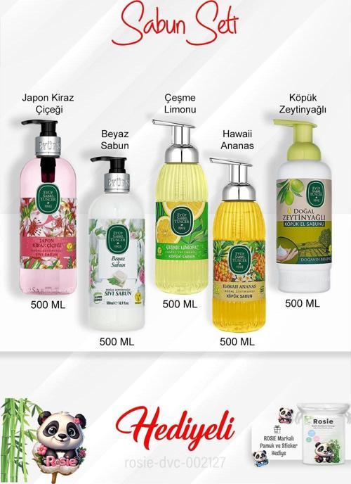 500 ML Sabun Paketi Çeşme Limonu,Japon Kiraz Çiçeği, Beyaz Sabun,Hawaii Ananas, Zeytinyağlı ve Rosie