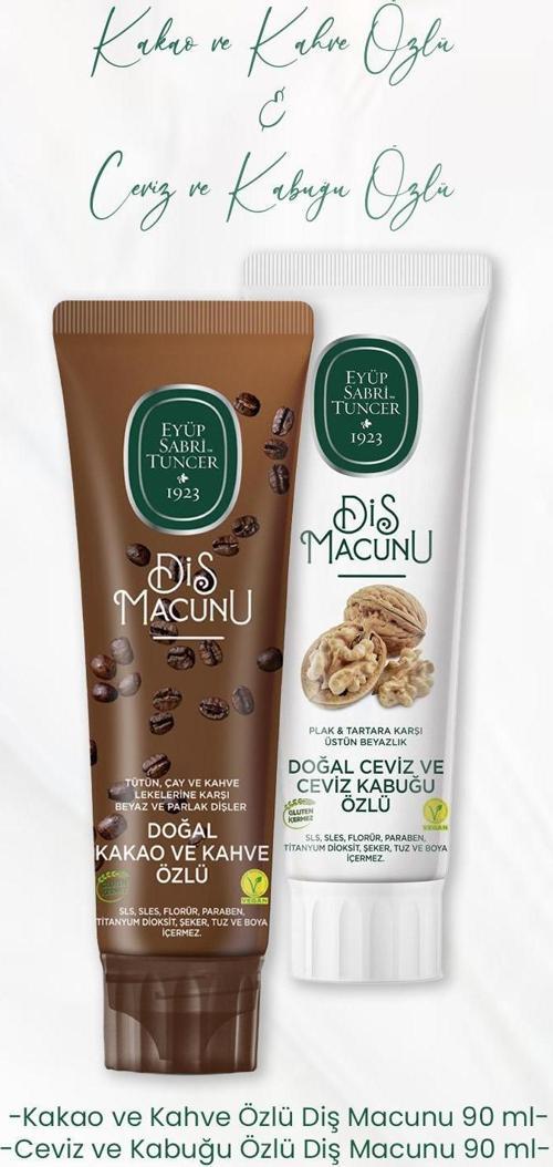 Diş Macunu Kakao ve Kahve Özlü 90 ml ve Ceviz ve Kabuğu Özlü 90 ml
