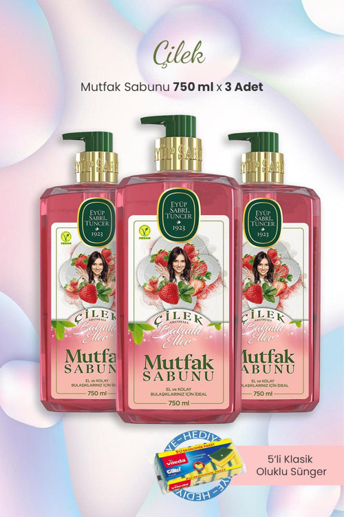3'lü Mutfak Sabunu Çilekli 750 ml ve Bulaşık Süngeri