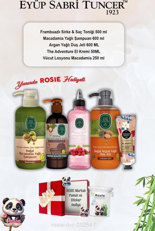 Argan Duş Jeli, Macadamia Şampuan ve Losyon, Frambuazlı Tonik, The Adventure Krem ve Rosie