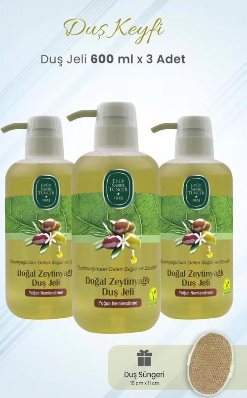 Duş Jeli Doğal Zeytinyağlı  600 ml x 3 Adet ve Duş Süngeri
