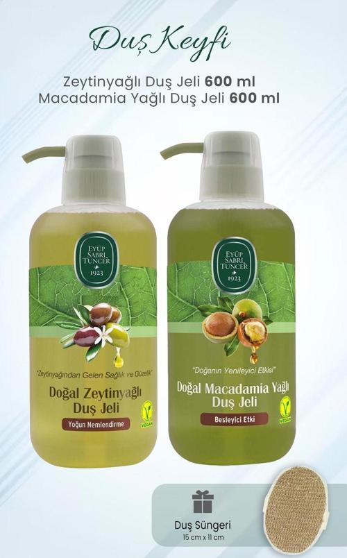Duş Jeli Macadamia Yağlı, Zeytinyağlı 600 ml ve Duş Süngeri