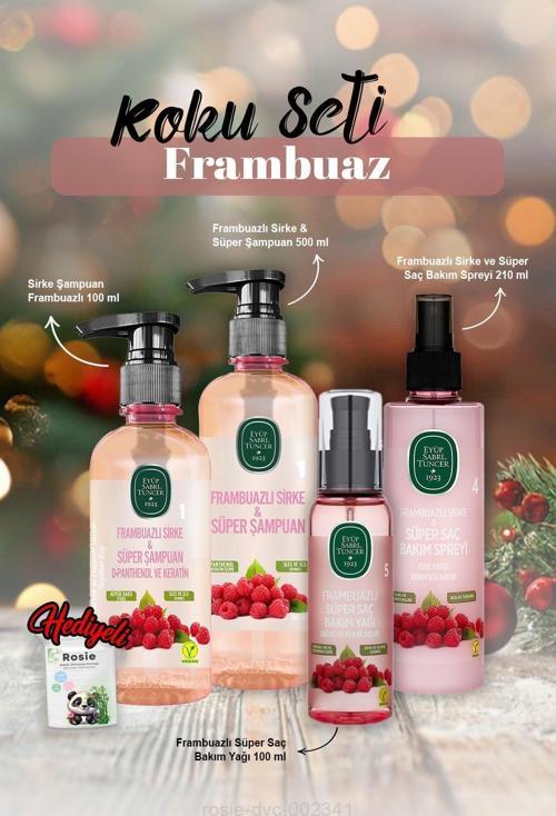 Frambuazlı Şampuan 500 ml ve 100 ml Bakım Yağı 100 ml, Sprey 210 ml ve Rosie Hediye