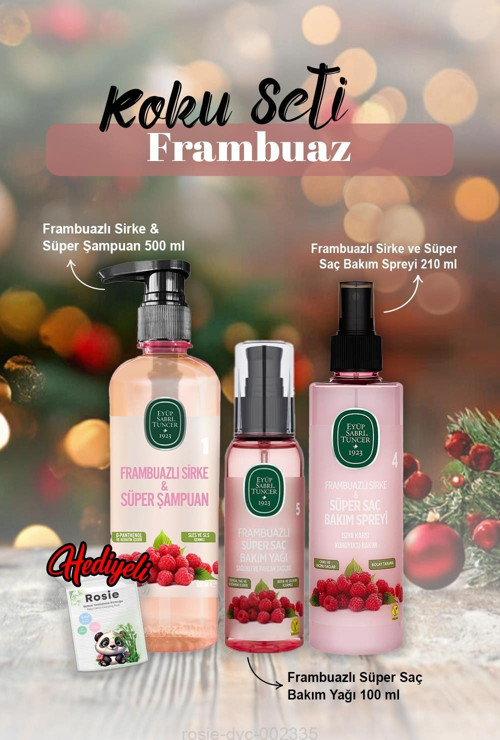 Frambuazlı Şampuan 500 ml, Saç Yağı 100 ml, Bakım Spreyi 210 ml ve Rosie Hediye