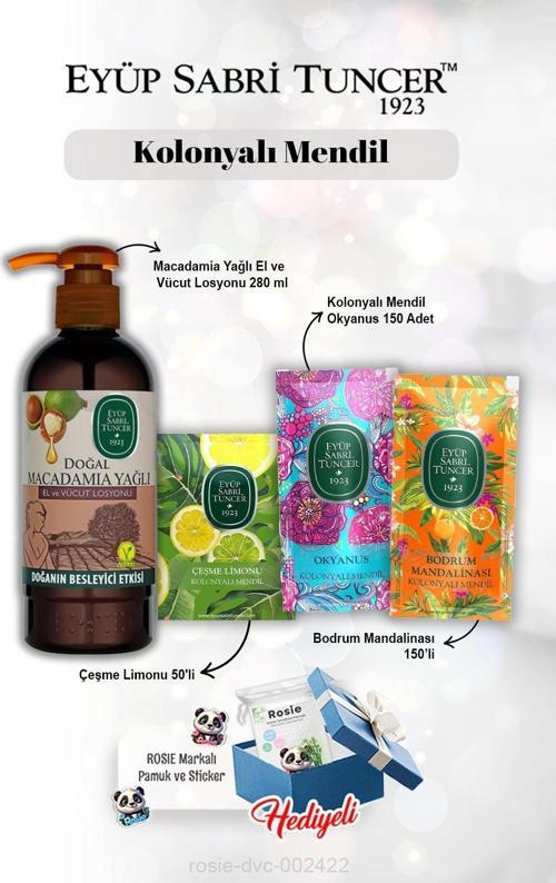 Kolonyalı Mendil Limon 50'li, 150'li Okyanus ve Mandalina, Macadamia Losyon 250 ml Rosie