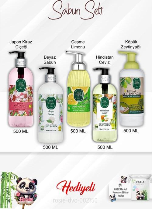 Sabun Paket 500 ML Japon Kiraz Çiçeği, Zeytinyağlı, Hindistan Cevizi, Beyaz Sabun, Çeşme Limonu ve Rosie
