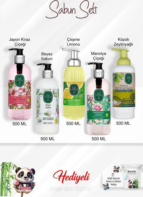 Sabun Paket 500 ML Manolya Çiçeği, Beyaz Sabun, Çeşme Limonu, Zeytinyağlı, Japon Kiraz Çiçeği ve Rosie