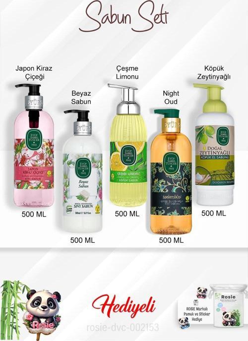 Sabun Paket 500 ML Night Oud, Japon Kiraz Çiçeği, Zeytinyağlı, Beyaz Sabun, Çeşme Limonu ve Rosie