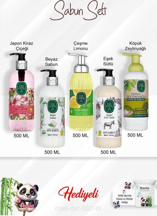 Sabun Paket 500 ML Zeytinyağlı, Eşek Sütlü, Beyaz Sabun, Çeşme Limonu, Japon Kiraz Çiçeği ve Rosie