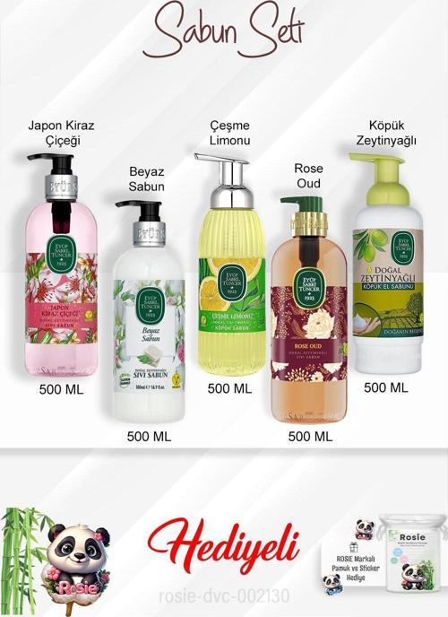 Sabun Paketi 500 ML Rose Oud,Çeşme Limonu, Japon Kiraz Çiçeği, Beyaz Sabun, Zeytinyağlı ve Rosie