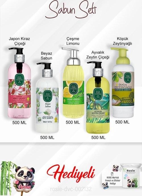 Sabun Paketi Ayvalık Zeytin Çiçeği, Çeşme Limonu, Japon Kiraz Çiçeği, Beyaz Sabun, Zeytinyağlı 500 ML ve Rosie