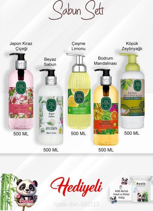 Sabun Paketi Bodrum Mandalinası, Çeşme Limonu, Japon Kiraz Çiçeği, Beyaz Sabun, Zeytinyağlı 500 ML ve Rosie