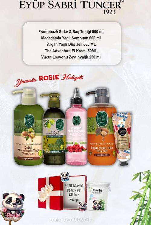 Losyon Zeytinyağlı, The Adventure Krem, Argan Duş Jeli, Macadamia Şampuan, Frambuazlı Tonik ve Rosie