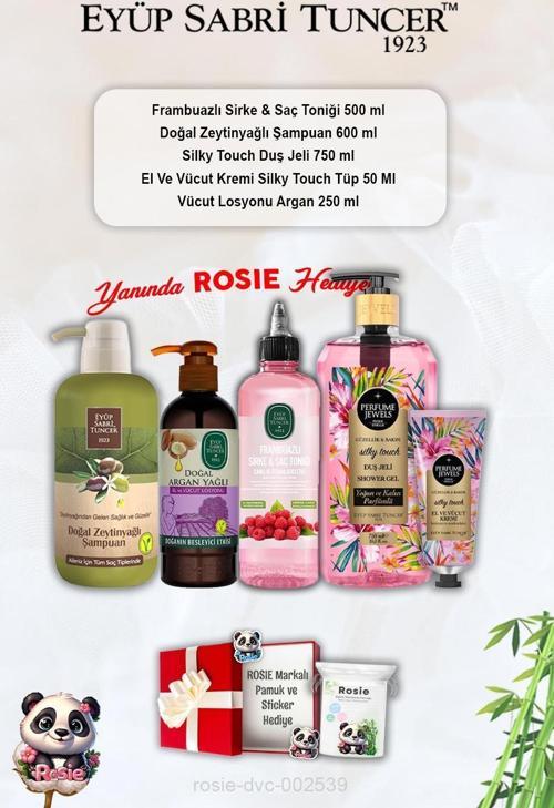 Silky Touch duş jeli ve kremi, Frambuazlı Tonik, Zeytinyağlı Şampuan, Argan Losyon ve Rosie