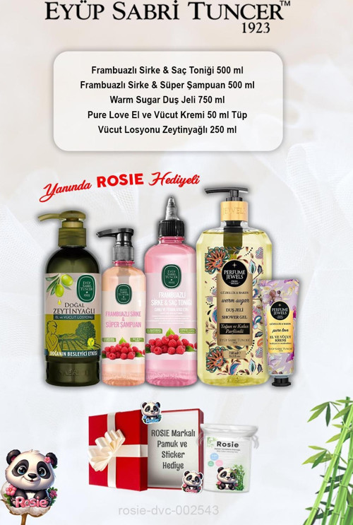 Tonik ve Şampuan Frambuazlı, Pure Love Krem, Warm Sugar Duş Jeli, Zeytinyağlı Losyon ve Rosie