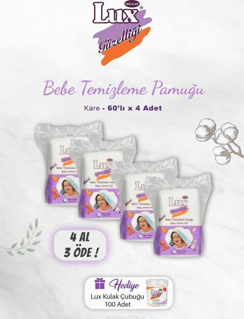 4 AL 3 ÖDE Lux Kare Bebe Temizleme Pamuğu 60' lı, Kulak Çubuğu Hediyeli