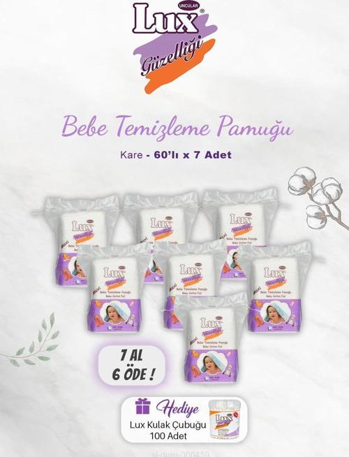 7  AL 6 ÖDE Lux Kare Bebe Temizleme Pamuğu 60' lı, Kulak Çubuğu Hediyeli
