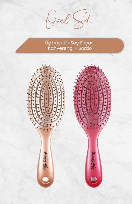 Üç Boyutlu Oval Saç Fırçası Kahverengi ve Bordo