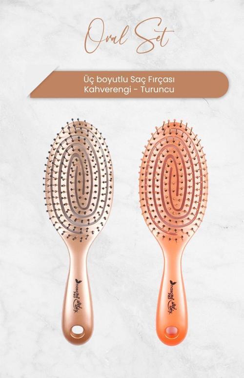 Üç Boyutlu Oval Saç Fırçası Kahverengi ve Turuncu