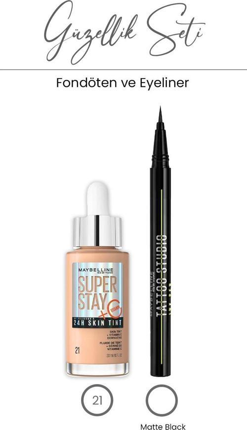Maybelline Super Stay 24H Skin Tint Fondöten 30 ml - 21 ve Tattoo Liner Eyeliner - Matte Black