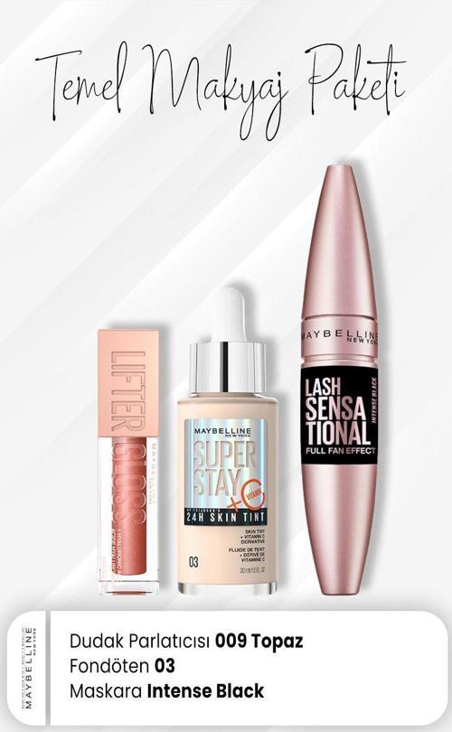 Super Stay Fondöten 03, Full Fan Maskara Intense Black ve Dudak Parlatıcı 009 Topaz